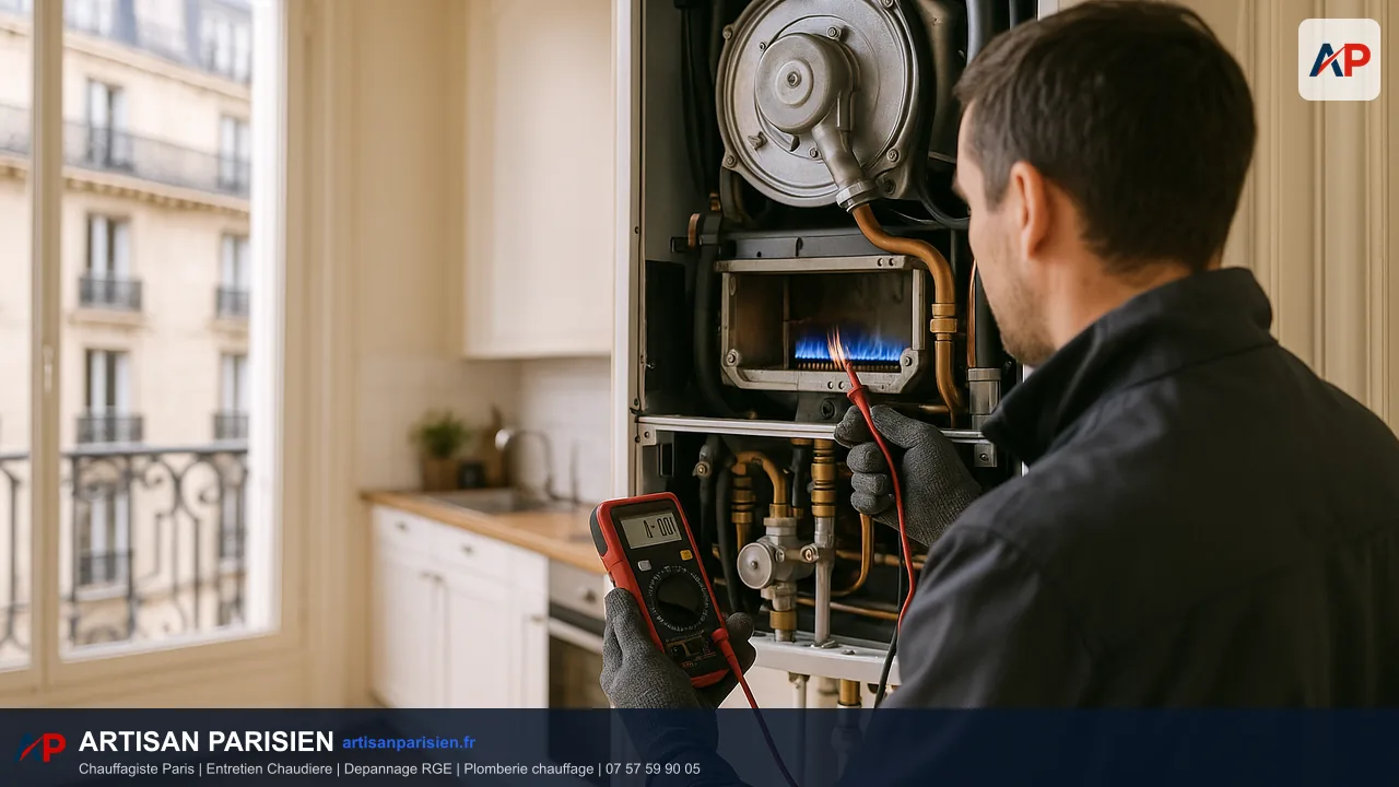 Technicien dépannant une chaudière en urgence à Paris