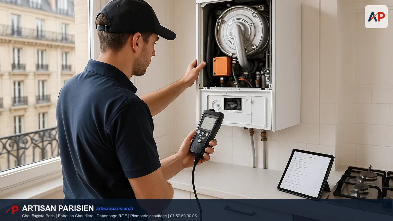 Technicien effectuant l'entretien d'une chaudière gaz à Paris