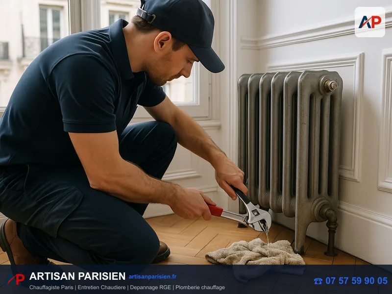 Réparation fuite radiateur purge joint robinet thermostatique Paris