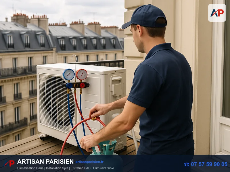 Recherche fuite gaz R32 recharge fluide frigorigène Paris