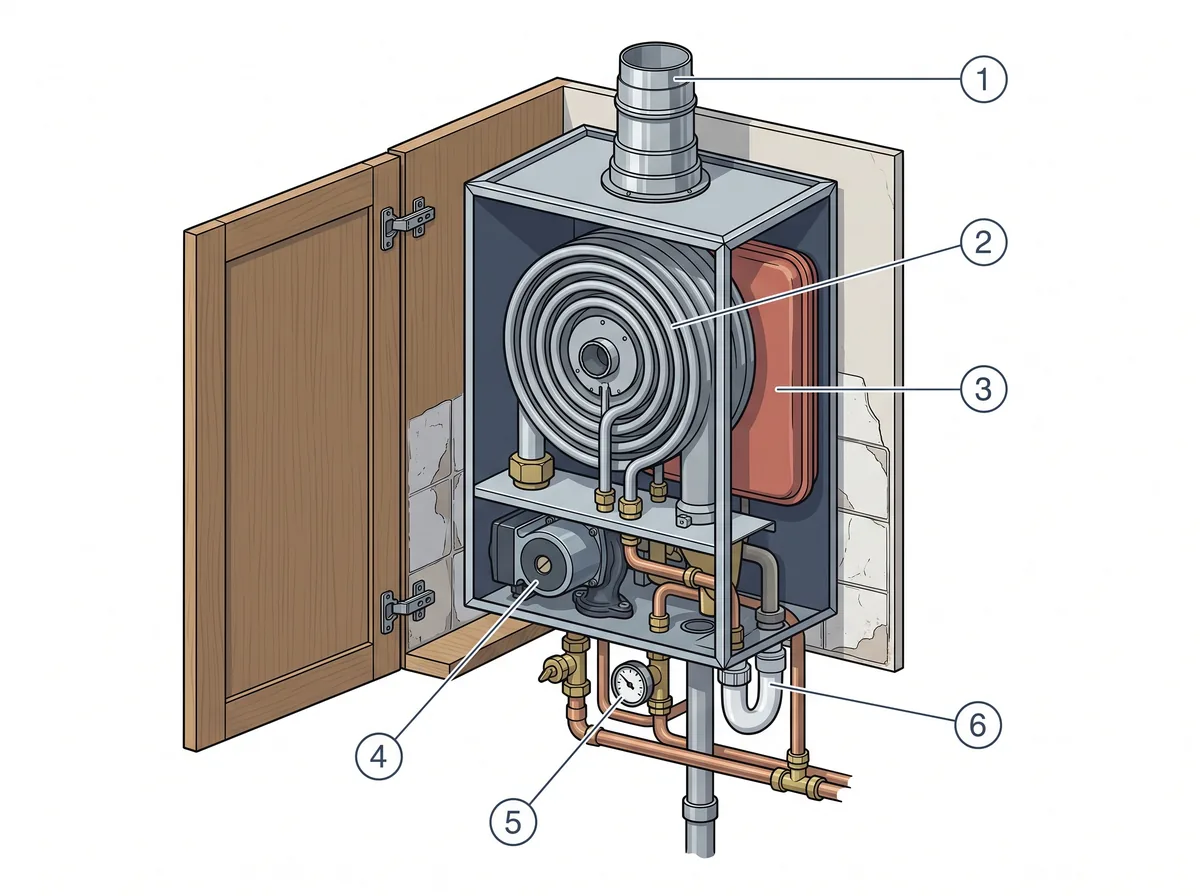Coupe d'une chaudière murale gaz : les organes qui déclenchent une mise en sécurité