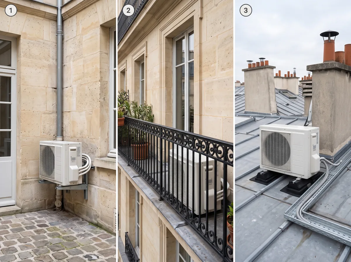 Où poser l'unité extérieure en copropriété parisienne : trois emplacements, trois niveaux d'accord