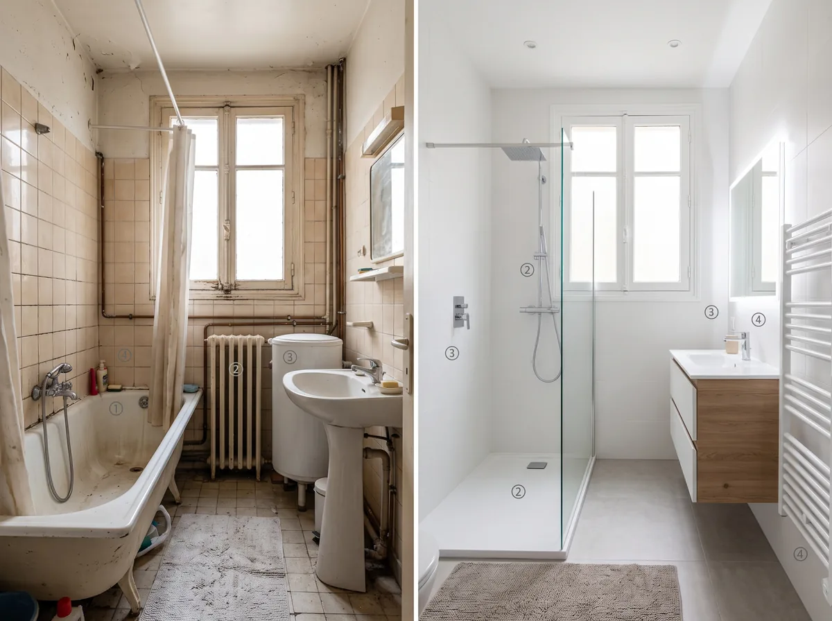 Avant et après : baignoire sabot remplacée par une douche de plain-pied dans 4 m²