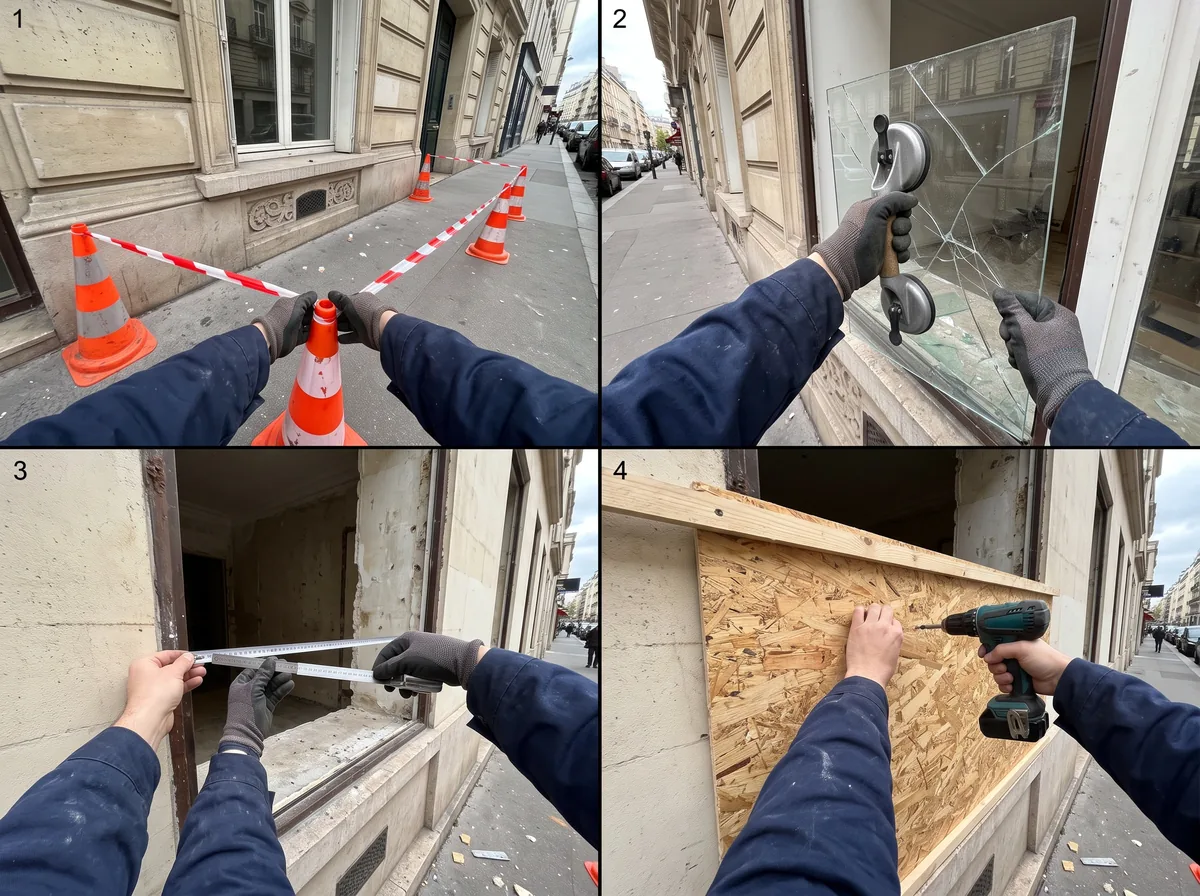 Fermeture provisoire d'une vitrine : la séquence du vitrier en quatre gestes