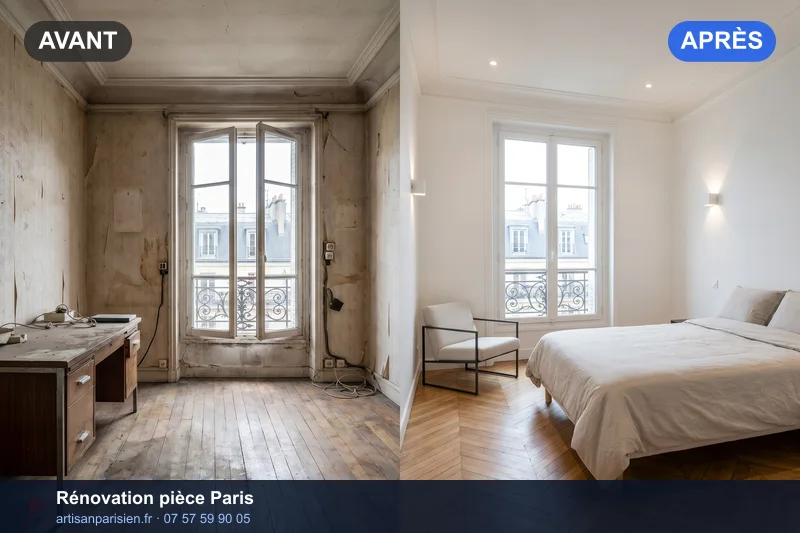 Avant après rénovation pièce peinture sol électricité Paris