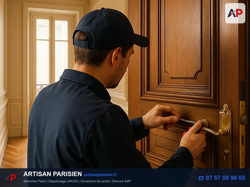 Serrurier ouvrant une porte fermée à clé avec outils professionnels Paris
