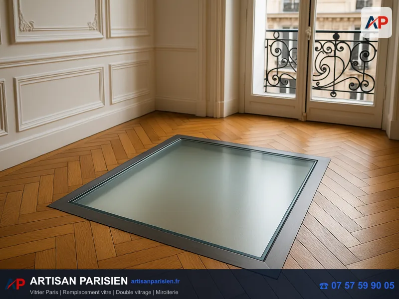 Dalle de sol en verre feuilleté trempé puits de lumière Paris