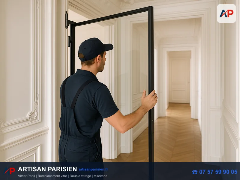 Porte vitrée trempée tout-verre boutique avec groom Paris