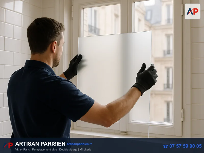 Pose verre dépoli intimité salle de bain cathédrale Paris